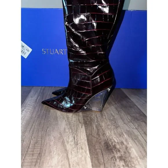 Stuart Weitzman Lucite Croc-Embossed Leather Wedge Boots - Picture 11 of 15